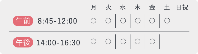 診療時間：月曜から金曜は午前8時45分から12時まで。午後は14時から16時30分まで。土曜日は午前8時45分から12時まで。日曜・祝日は休み